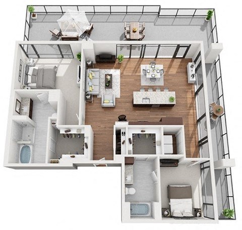 Floor plan for 2 beds, 2 baths, 1542 sqft